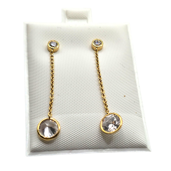Pierced Earrings Gold Tone Chain Drop Bezel Set Clear Round Crystal SKU2401 - Picture 2 of 6